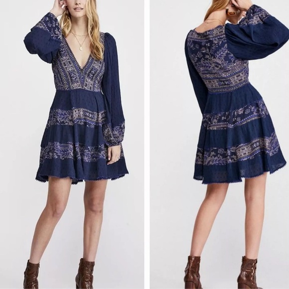 Free People My Love Peasant Navy Blue Indigo Floral Boho Mini Dress Size Small - Picture 1 of 12